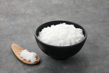 Grated coconut (kelapa parut) on bowl, food preparation
