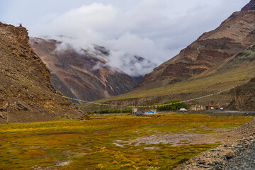 beautiful scenery of fields and houses of Hanle village, the background is surrounded by mountains at Ladakh, India