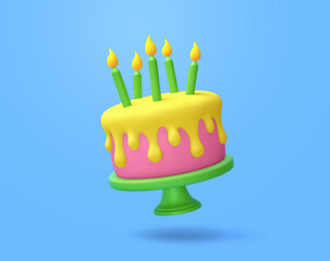 Cartoon cake with candles isolated on blue background. Clipping path included