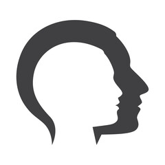 Vector black image of silhouettes of overlapping heads of dad and child in profile. Isolated on white background.