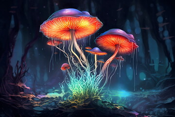 Fototapeta na wymiar Psilocybin mushrooms. Commonly known as magic mushrooms, a group of fungi that contain psilocybin which turns into psilocin upon ingestion and cause the psychedelic effects