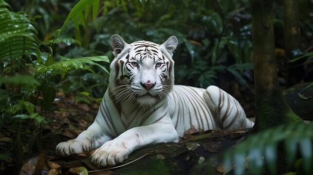 Albino tiger in the green jungle. Generative AI 