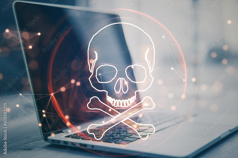 Poster hacking attack and online piracy creative concept with red skull and bones digital hologram on moder