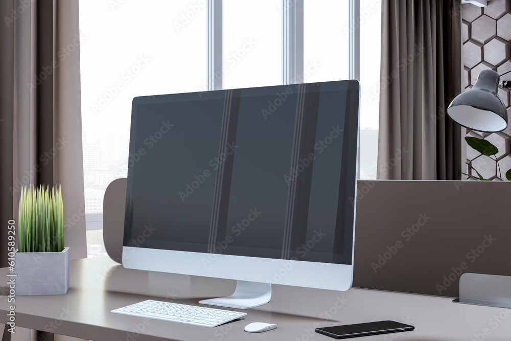 Poster Close up of creative designer office interior with decorative wall, empty computer display and other items. Mock up, 3D Rendering.