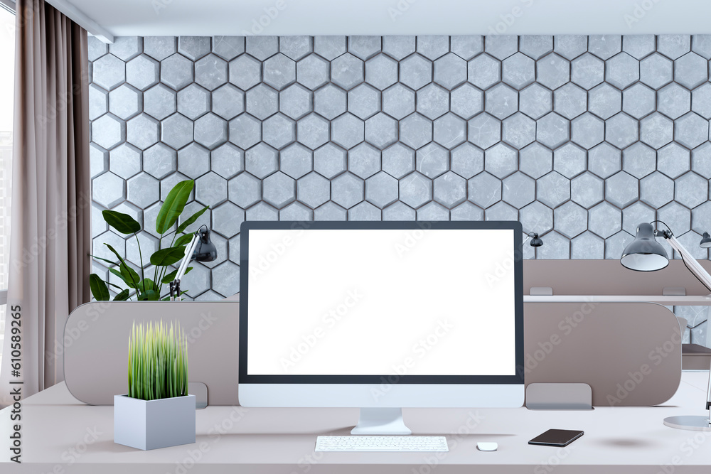 Poster creative designer office interior with decorative wall, empty white computer screen and other items.
