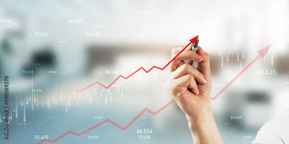 Poster online trading and investing concept with businessman hand with pen working with financial forex cha