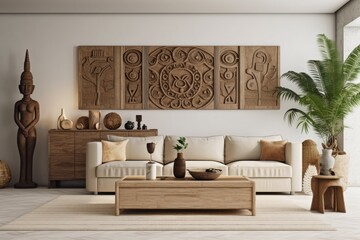 Modern beige living room interior design with created sculptures, wall paintings, a beige wooden sideboard, and personal items with a bohemian flair. Template. Generative AI