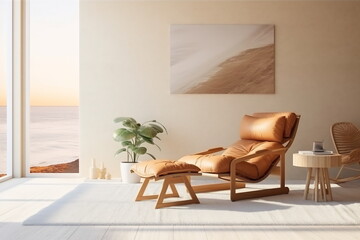 Modern living room in a beach house with chair and sea view