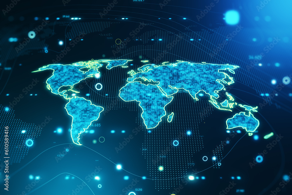 Poster Global synchronization, globalization, and hi-tech concept with digital blue pixel world map with yellow contour on dark technological background with data visualization. 3D rendering