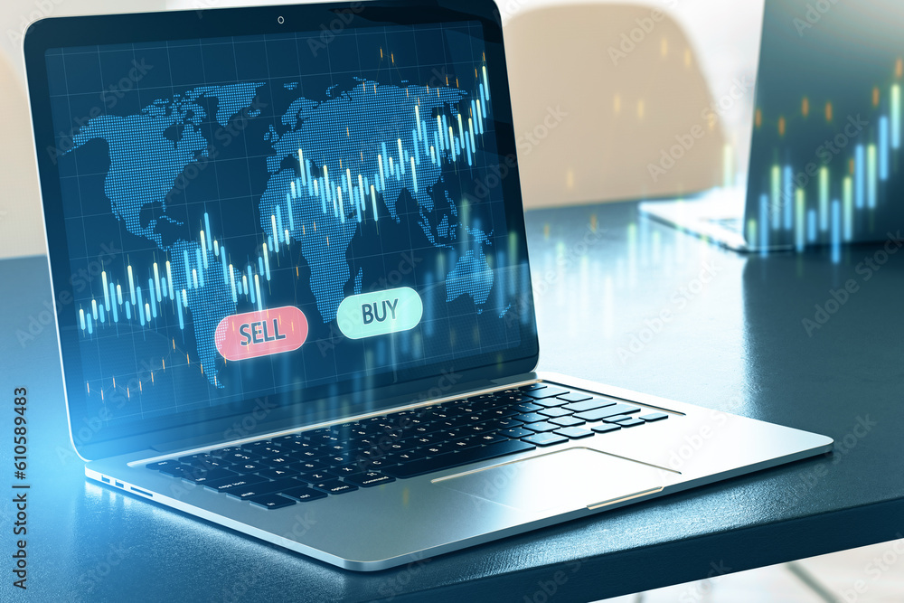 Poster close up of laptop at workplace with glowing blue sell and buy buttons, map and candlestick forex ch