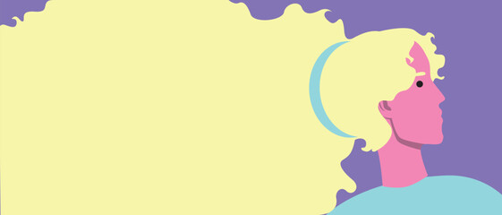 Cute natural beautiful woman as template with place for text, flat vector stock illustration