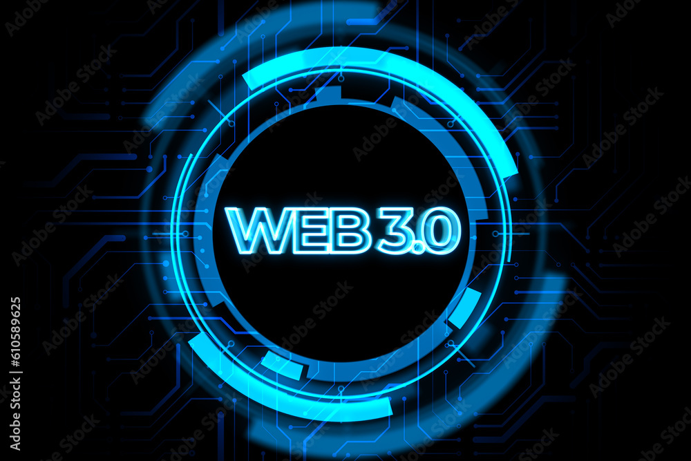 Poster Future of the internet and innovation concept with blue web 3.0 glowing sign and abstract technological hologram on dark blue background with circuit, 3D Rendering