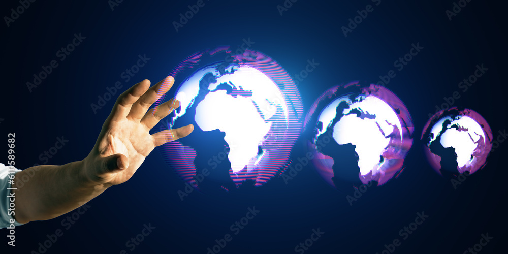 Poster close up of man hand with glowing digital globe hologram on dark background. digital world, global h