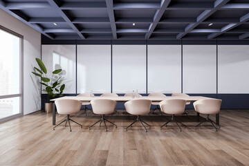 Contemporary conference room interior with furniture, concrete wooden and window and city view. 3D Rendering.