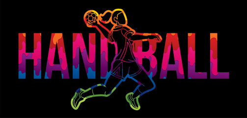 Handball Sport Female Player Action with Text Cartoon Graphic Vector
