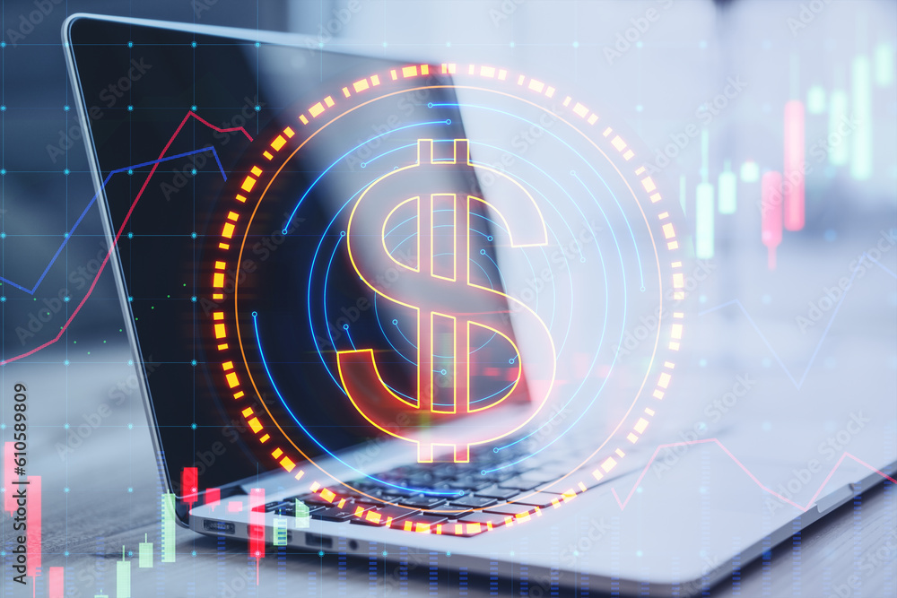 Poster close up of notebook with digital round dollar sign and forex chart on blurry background. online ban