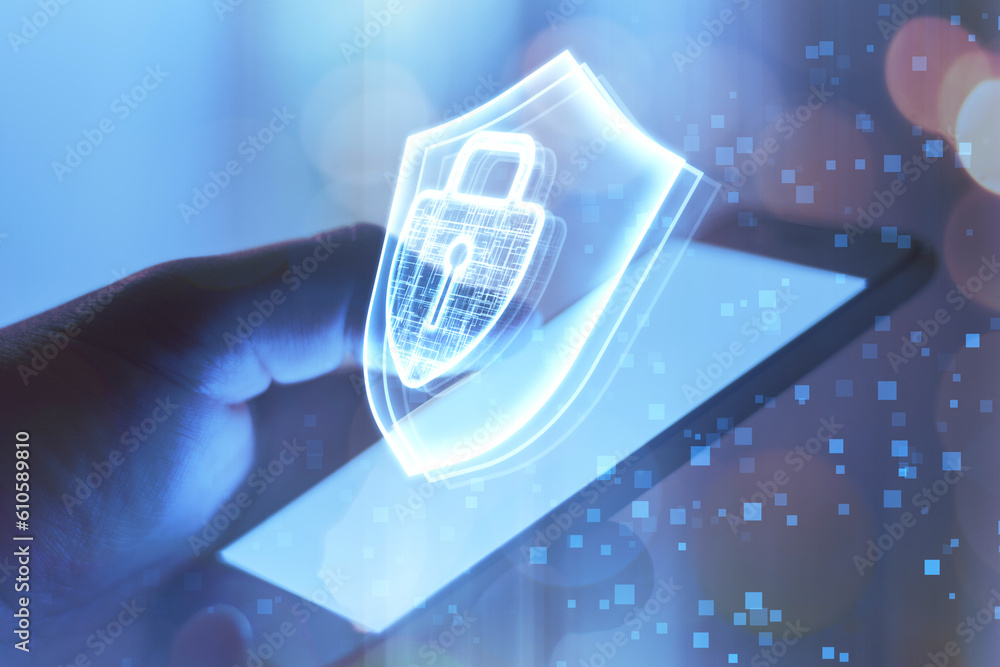 Poster data privacy, internet access and cyber security concept with keyhole inside closed padlock and shie