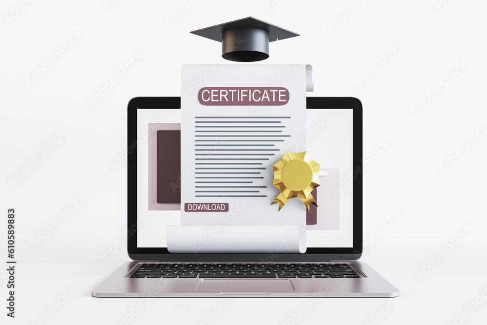 Poster Online education, e-learning and courses concept with front view on qualification certificate with golden seal, black graduation hat and modern laptop on white background. 3D rendering