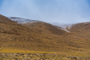 Snow covered mountains, cloudy sky, beautiful mountain landscape