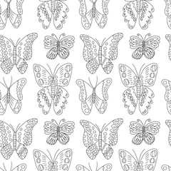 Naklejka premium Vector butterflies seamess pattern. Hand drawn butterfly black and white pattern