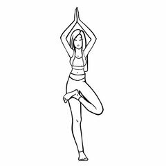The girl performs assanas, tree pose,yoga,body training in yoga, line drawing