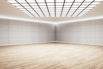 Perspective view on empty light grey walls corner background behind blank light wooden floor with space for your product or car demonstration. 3D rendering, mockup