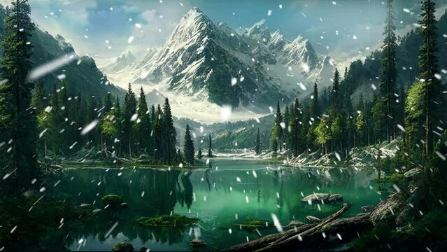 Enchanting 4K HD Video: Serene Green Forest with Animated Snow and Water