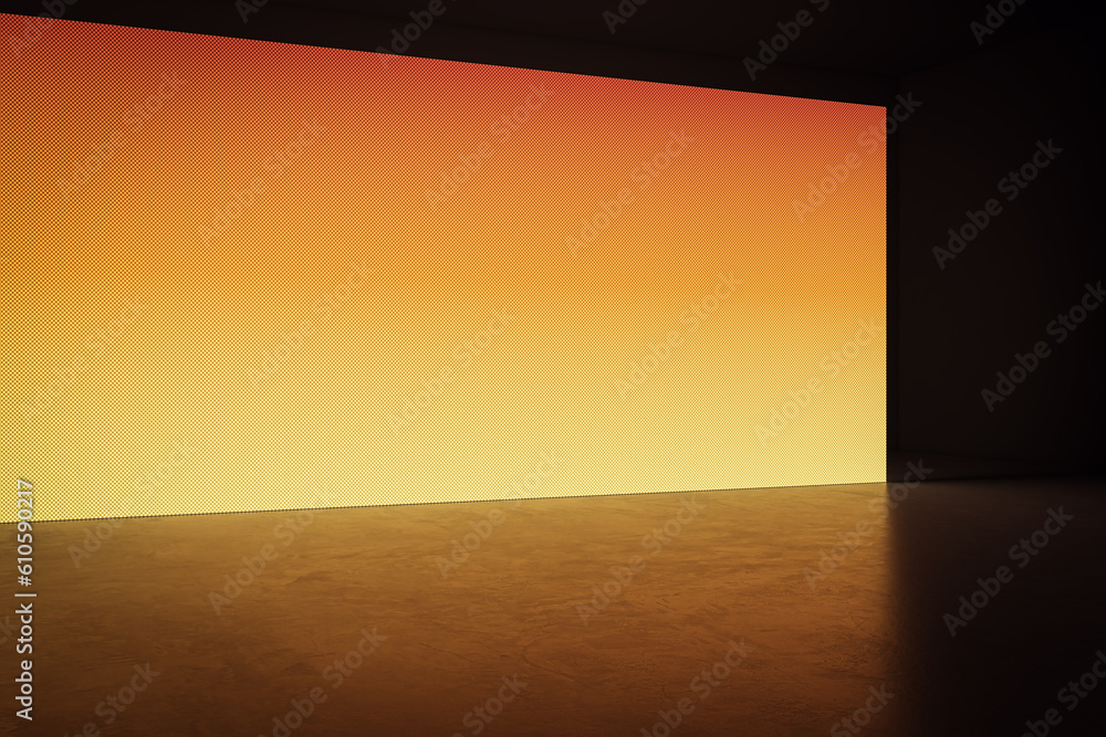Poster perspective view of blank orange digital screen wall and concrete floor background. 3d rendering
