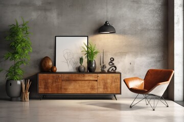 a cabinet TV in a contemporary living room with a chair, light, table, flower, and plant against a background of concrete, Generative AI