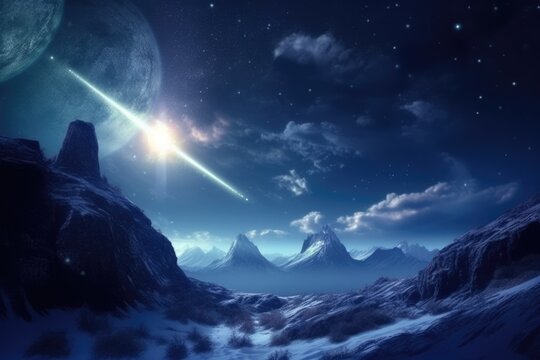Winter scene with a majestic mountain peak, a star-filled sky, nebula and comet. Generative AI