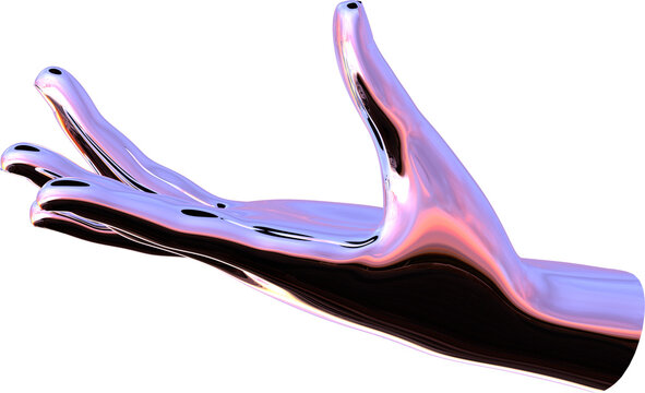 3d chrome metal hand with transparent background, surreal hand, psychedelic aesthetic
