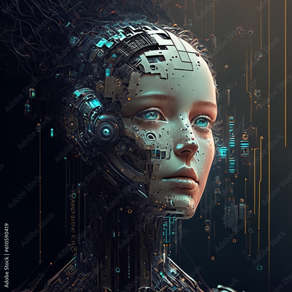 Poster brain face artificial intelligence. technology web background. virtual concept. generative ai