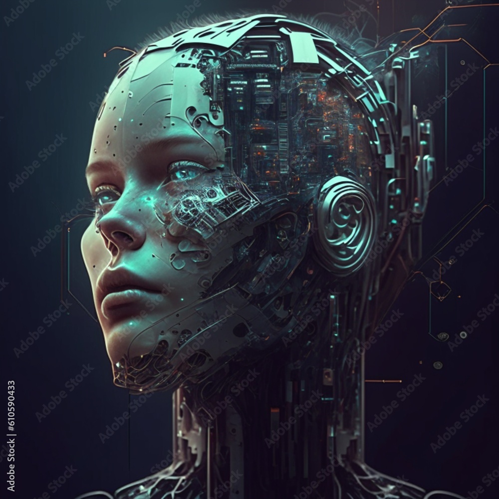 Poster brain face artificial intelligence. technology web background. virtual concept. generative ai