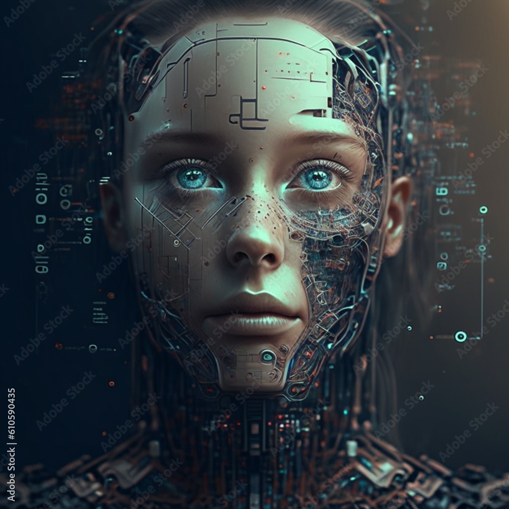 Poster brain face artificial intelligence. technology web background. virtual concept. generative ai