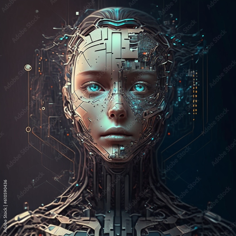 Poster brain face artificial intelligence. technology web background. virtual concept. generative ai