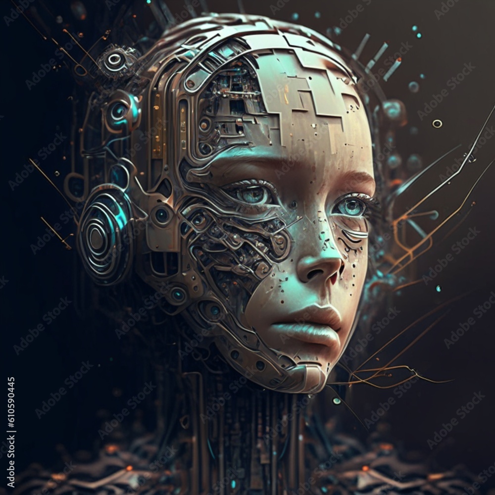 Poster brain face artificial intelligence. technology web background. virtual concept. generative ai
