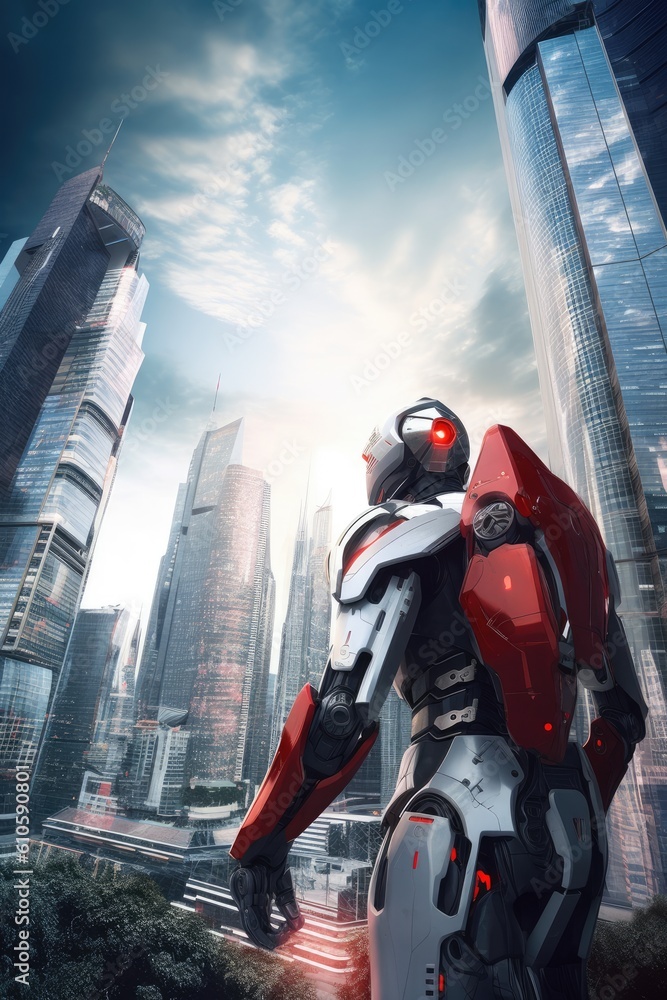 Poster robot with a glowing red visor in cityscape, generative ai