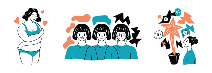 Cartoon Color Mental Health and Psychology Concept Set Flat Design Style. Vector illustration of Scene with Person in Dissociative Identity Disorder