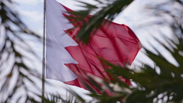 A close-up view of a Bahrain flag flying behind tree branches. 
