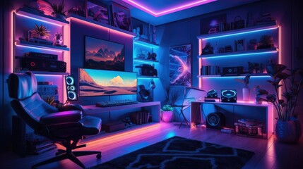 Gamer ergonomic chair with remote controller car, wireless VR and entertainment gadget in neon light room ai generated