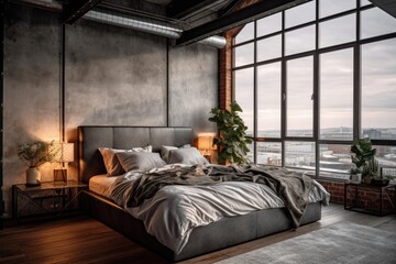 Fototapeta premium bedroom interior in a loft apartment. minimalist d�cor in an industrial and Scandinavian design. Grey pillows on a double bed. Generative AI
