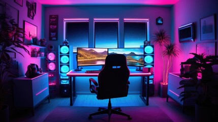 Gamer ergonomic chair with remote controller car, wireless VR and entertainment gadget in neon light room ai generated