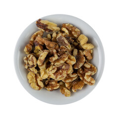 Overhead view of a small white bowl filled with walnuts isolated on a white background.