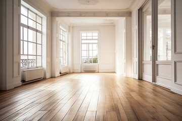 Fototapeta premium Empty room in a bright clean interior , White empty room with wooden floor , Created with generative AI
