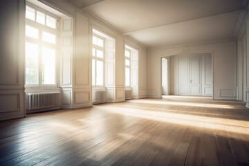 Empty room in a bright clean interior , White empty room with wooden floor , Created with generative AI