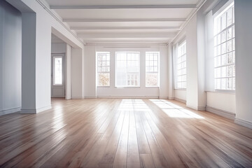 Naklejka premium Empty room in a bright clean interior , White empty room with wooden floor , Created with generative AI
