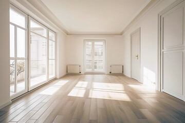 Empty room in a bright clean interior , White empty room with wooden floor , Created with generative AI