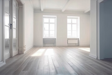 Empty room in a bright clean interior , White empty room with wooden floor , Created with generative AI