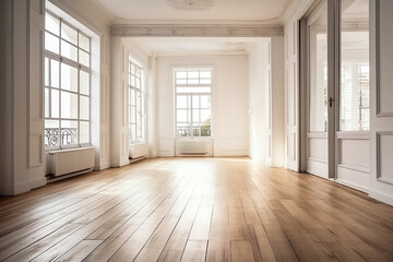 Obraz premium Empty room in a bright clean interior , White empty room with wooden floor , Created with generative AI