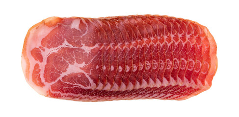 Top view of a row of thinly cut dry coppa on a white background. - 610592076